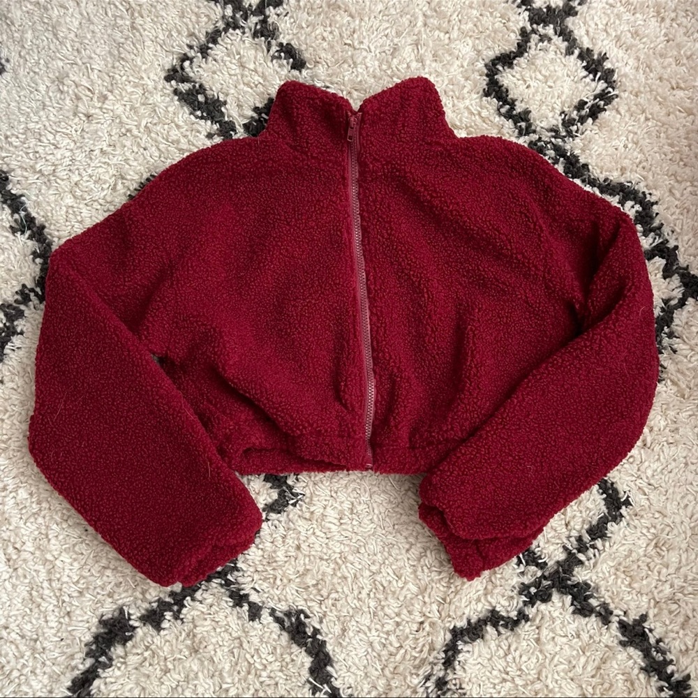 Red teddy bear cropped jacket
